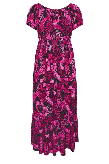 Yours Curve Hot Pink Palm Print Tie Neck Maxi Dress