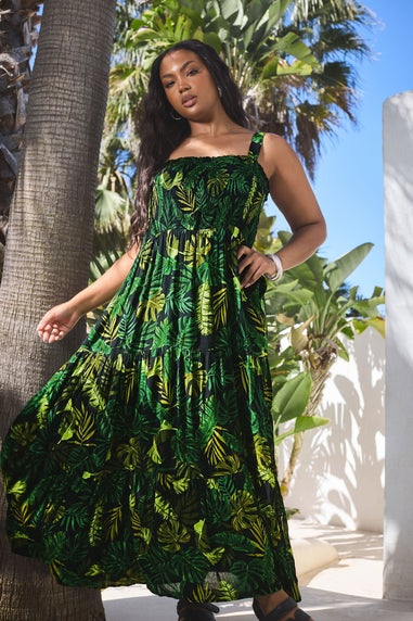 Yours Curve Black & Green Palm Print Shirred Tiered Maxi Dress