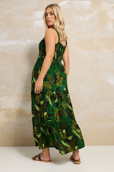 Yours Curve Black & Green Palm Print Shirred Tiered Maxi Dress