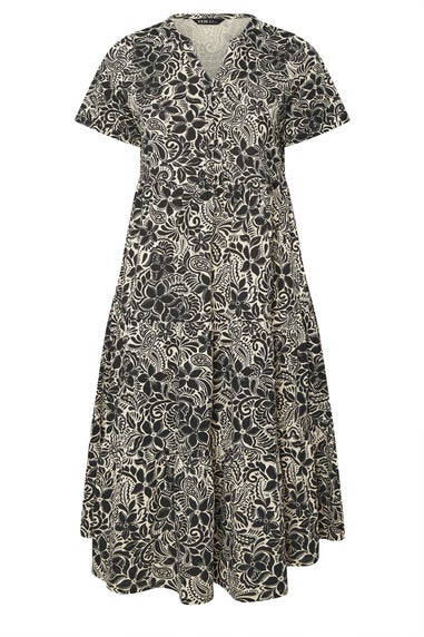 Yours Curve Black Floral Print Tiered Cotton Midaxi Dress