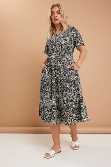 Yours Curve Black Floral Print Tiered Cotton Midaxi Dress