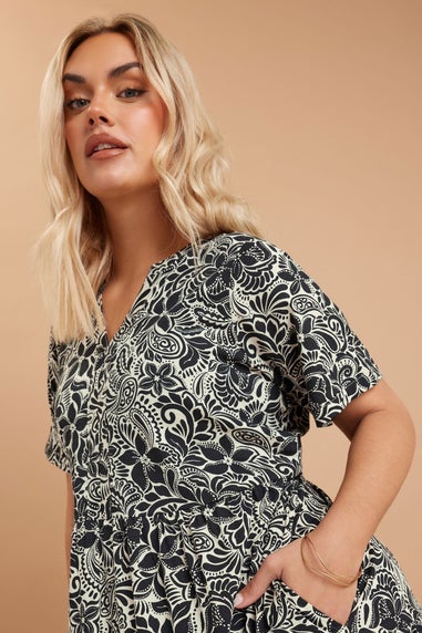 Yours Curve Black Floral Print Tiered Cotton Midaxi Dress