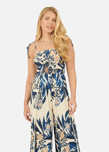 Yumi Navy Palm Print Strappy Viscose Jumpsuit