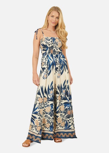 Yumi Navy Palm Print Strappy Viscose Jumpsuit