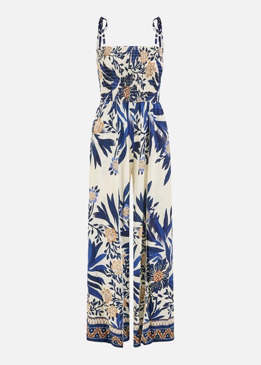 Yumi Navy Palm Print Strappy Viscose Jumpsuit