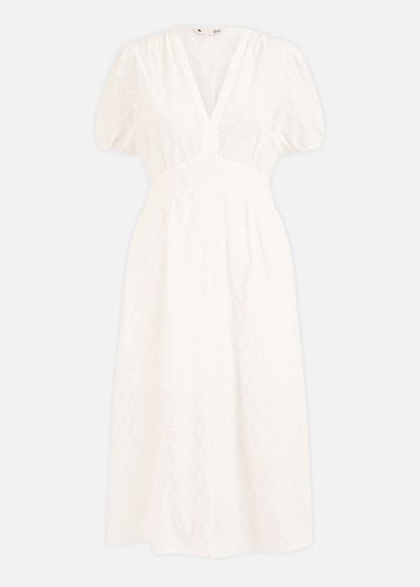 Yumi White Broderie Anglaise Midi Dress With Split Hemline