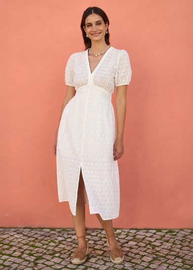 Yumi White Broderie Anglaise Midi Dress With Split Hemline