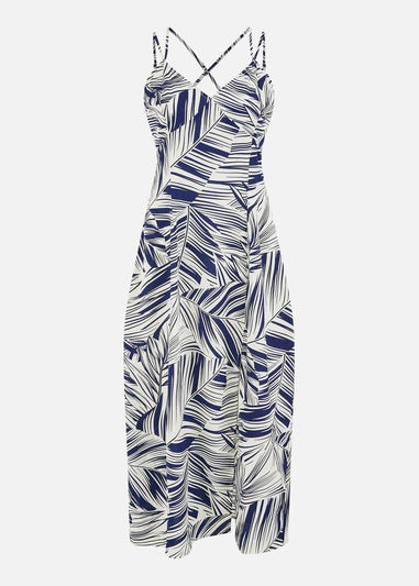 Yumi Navy Leaf Print Maxi Dress With Cross Back