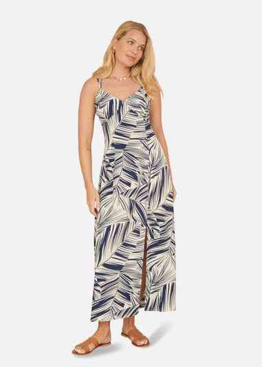 Yumi Navy Leaf Print Maxi Dress With Cross Back