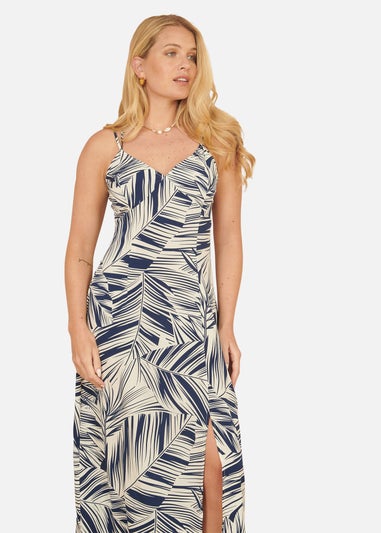 Yumi Navy Leaf Print Maxi Dress With Cross Back