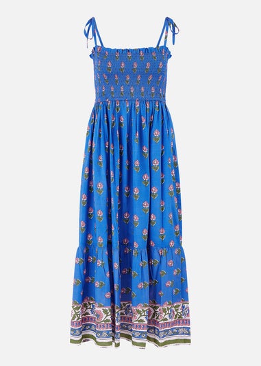 Yumi Blue Strappy Paisley Print Midi Dress With Ruched Bodice