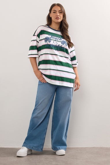 Yours Curve Green 'Beach Club' Slogan Stripe T-Shirt