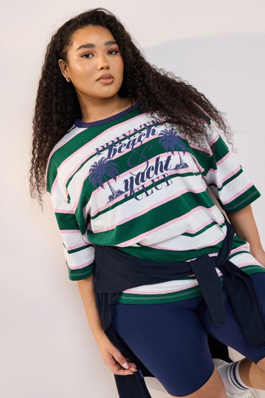 Yours Curve Green 'Beach Club' Slogan Stripe T-Shirt