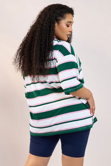 Yours Curve Green 'Beach Club' Slogan Stripe T-Shirt
