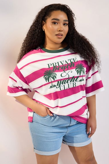 Yours Curve Pink 'Beach Club' Slogan Stripe T-Shirt