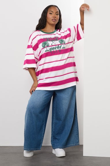 Yours Curve Pink 'Beach Club' Slogan Stripe T-Shirt