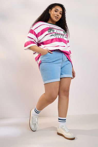 Yours Curve Pink 'Beach Club' Slogan Stripe T-Shirt