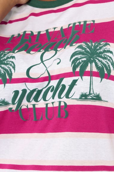 Yours Curve Pink 'Beach Club' Slogan Stripe T-Shirt