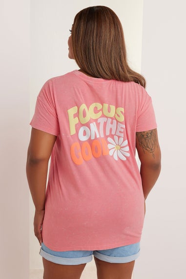 Yours Curve Pink Acid Wash 'Focus On The Good' Daisy Back Print T-Shirt