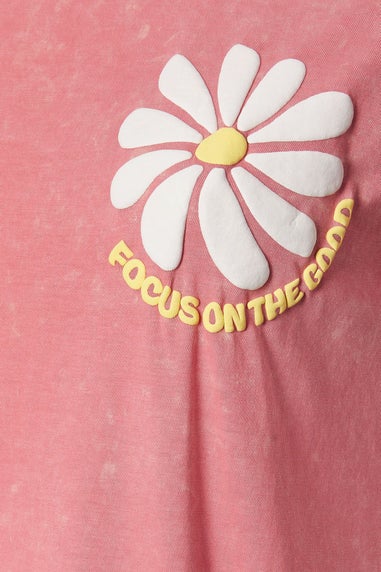 Yours Curve Pink Acid Wash 'Focus On The Good' Daisy Back Print T-Shirt