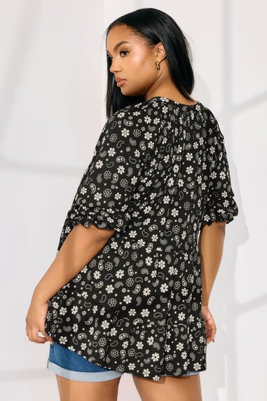 Yours Curve Black Floral Paisley Print Tiered Top