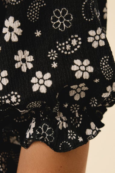 YOURS Curve Black Floral Paisley Print Tiered Top