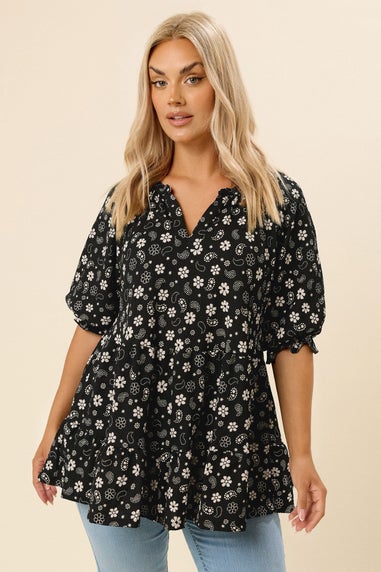 YOURS Curve Black Floral Paisley Print Tiered Top
