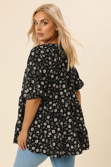 YOURS Curve Black Floral Paisley Print Tiered Top