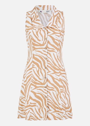 Yumi Brown Zebra Print Collar Sleeveless Shirt Mini Dress