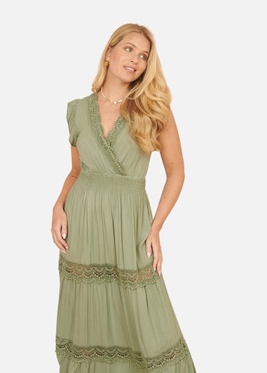 Yumi Green Viscose Lace Trim Wrap Maxi Dress