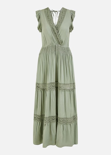 Yumi Green Viscose Lace Trim Wrap Maxi Dress