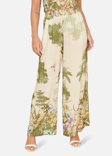 Yumi White Palm Print Wide Leg Trousers