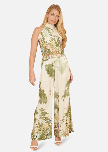 Yumi White Palm Print Wide Leg Trousers
