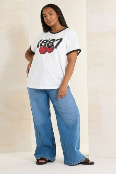 Yours Curve White '1987' Cherry Print T-Shirt
