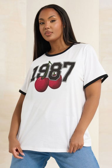 Yours Curve White '1987' Cherry Print T-Shirt