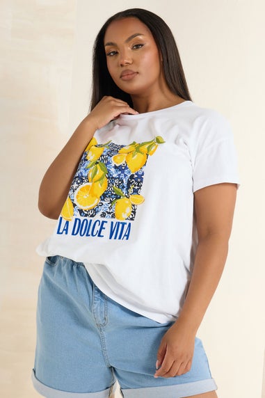 Yours Curve White 'La Dolce Vita' Lemon Graphic Oversized T-Shirt