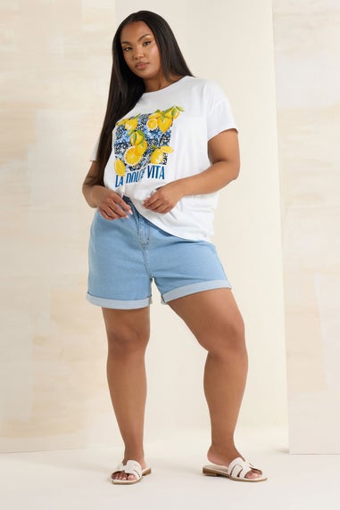 Yours Curve White 'La Dolce Vita' Lemon Graphic Oversized T-Shirt