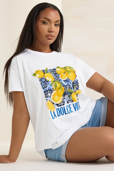 Yours Curve White 'La Dolce Vita' Lemon Graphic Oversized T-Shirt