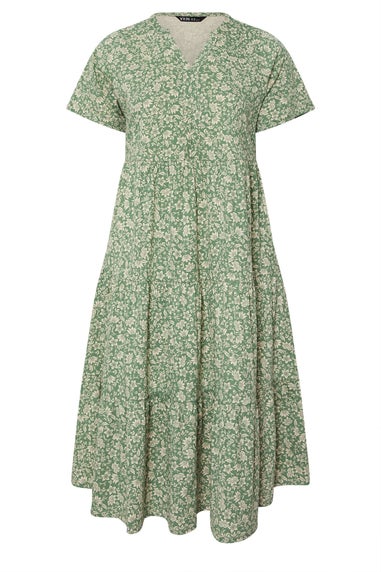 Yours Curve Green Floral Print Tiered Cotton Midaxi Dress