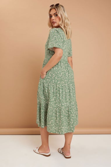 Yours Curve Green Floral Print Tiered Cotton Midaxi Dress