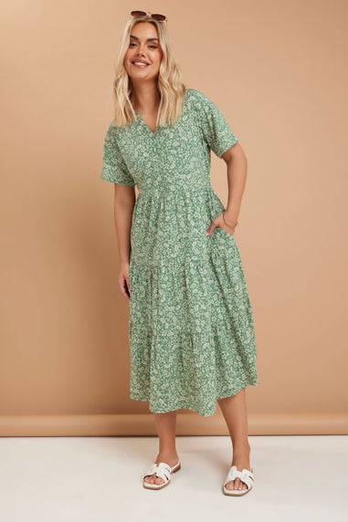 Yours Curve Green Floral Print Tiered Cotton Midaxi Dress