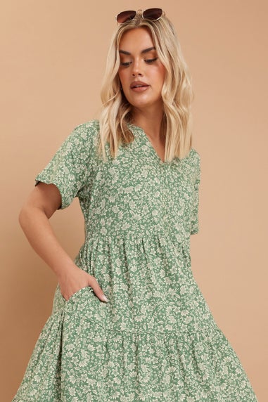 Yours Curve Green Floral Print Tiered Cotton Midaxi Dress