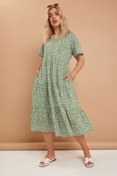 Yours Curve Green Floral Print Tiered Cotton Midaxi Dress