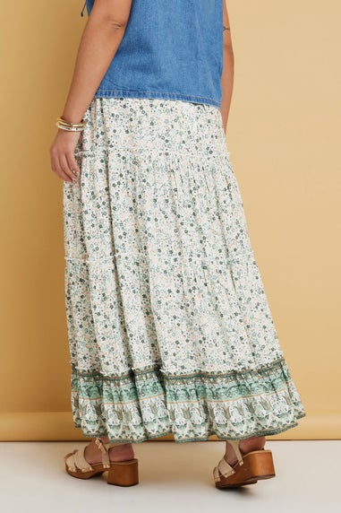 Yours Curve Light Green Ditsy Floral Tiered Skirt