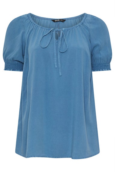 Yours Curve Blue Chambray Tie Neck Top