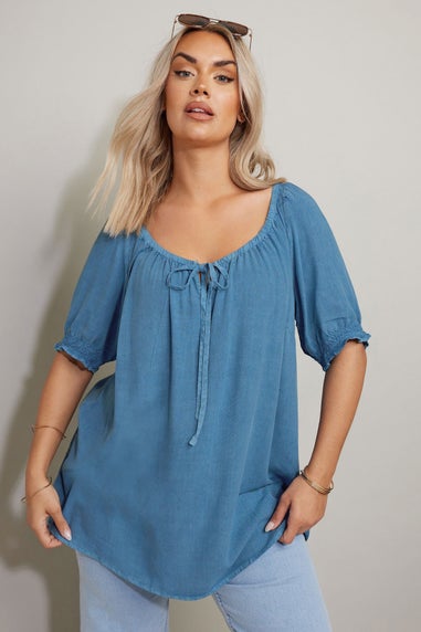 Yours Curve Blue Chambray Tie Neck Top