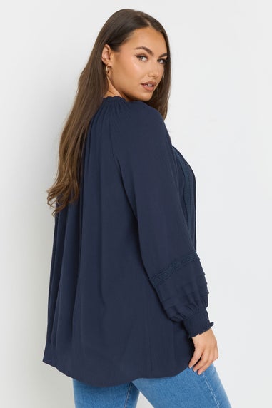 Yours Curve Navy Blue Tie Neck Pintuck Top
