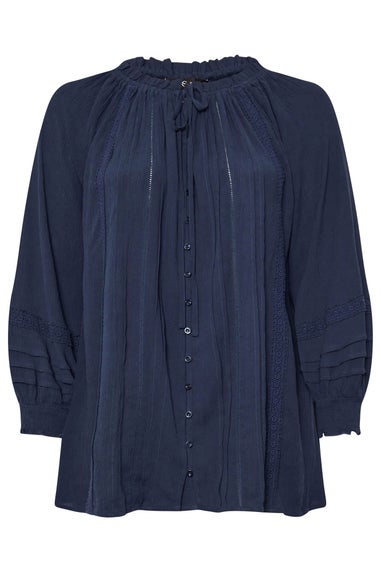 Yours Curve Navy Blue Tie Neck Pintuck Top