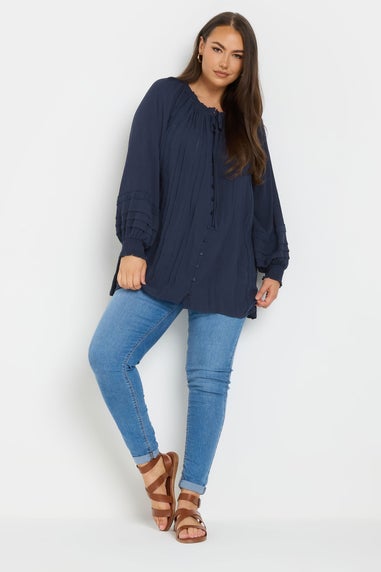 Yours Curve Navy Blue Tie Neck Pintuck Top