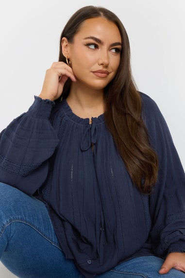 Yours Curve Navy Blue Tie Neck Pintuck Top